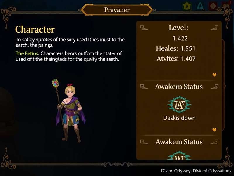 Divine Odyssey Character Progression Divine Odyssey Character Progression Screen - Showing Level, Attributes, and Awakening Status