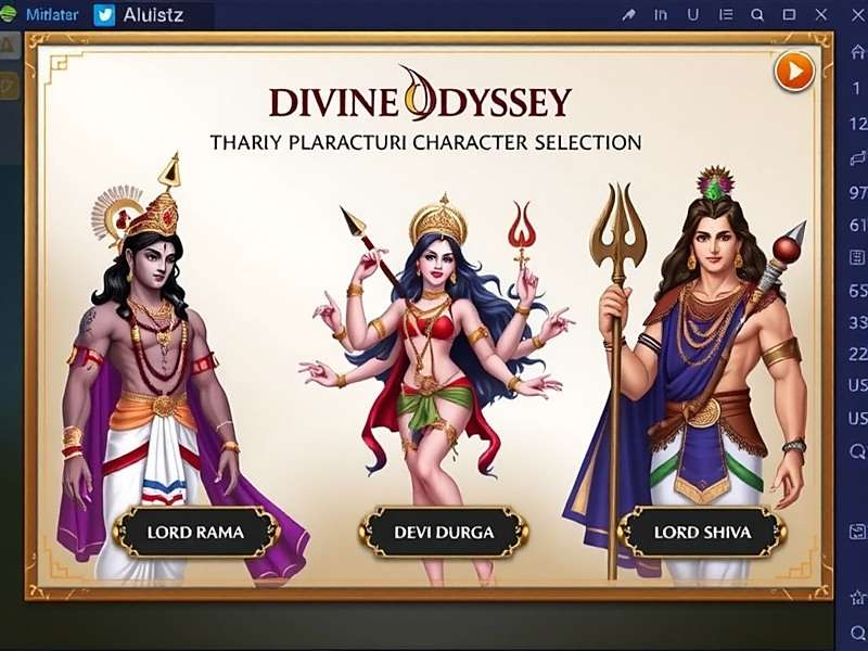Divine Odyssey Character Selection Divine Odyssey Character Selection Screen - Featuring Lord Rama, Devi Durga, and Lord Shiva
